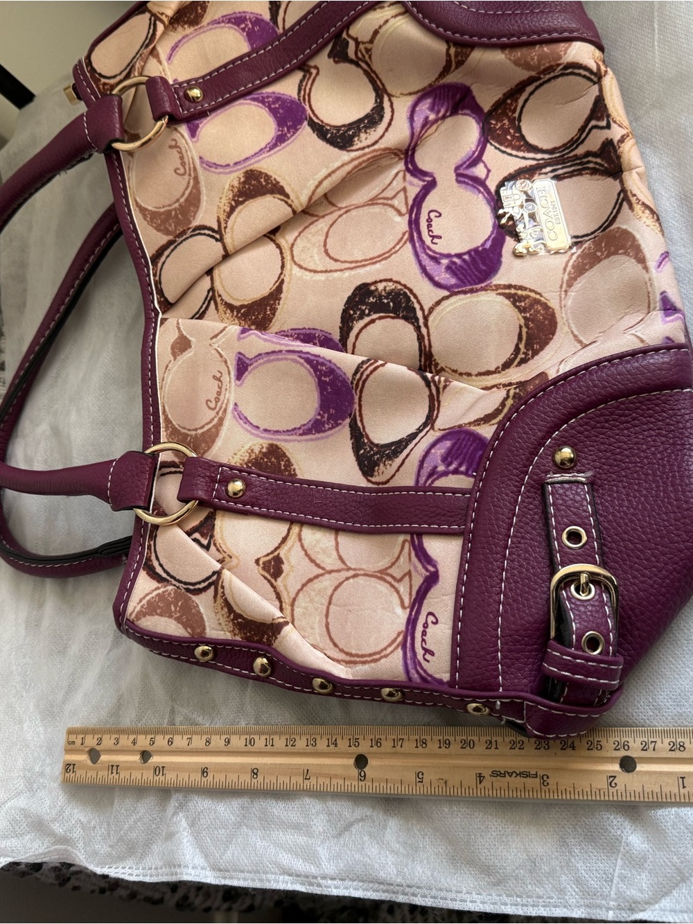 Coach Cream and Purple Signature Tote with Plum Leather Trim - Picture 2 of 5